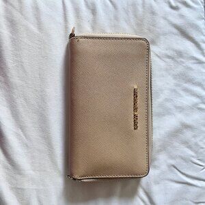 Michael Kors Beige Jet Set Travel Zip Around Wallet- Saffiano Leather
